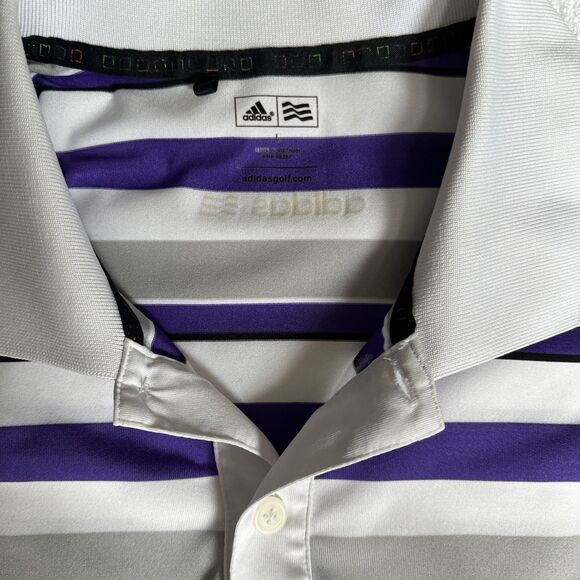 Adidas Polo Shirt Mens Purple Stripe Golf Outdoor Activewear Size L - Picture 2 of 3